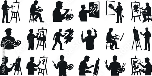 Professional Artist Silhouette Icon Set Featuring Painters with Easels Palettes and Brushes Creating Fine Art and Canvas Illustrations