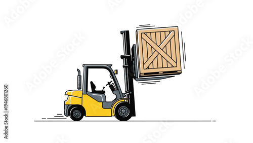 Yellow Forklift Truck Lifting Wooden Crate.