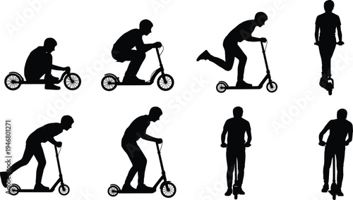Set of kick scooter rider silhouettes showing different riding poses, urban mobility concept, active lifestyle transportation icons isolated on white background collection vector illustration