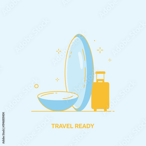 Minimalist Illustration Depicting Contact Lens, Bowl, Suitcase, and Travel-Related Imagery