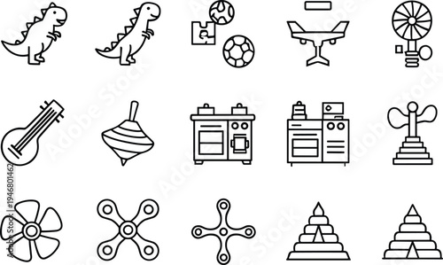 Set of thin line toy and object icons including dinosaur, spinning top, airplane, guitar, kitchen stove, fan, pyramid vector