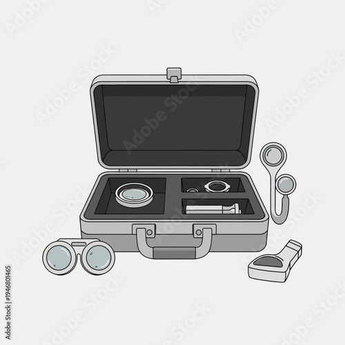Minimalist Illustration of a Detective's Kit Showing Various Investigative Tools Perfectly Arranged
