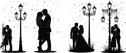 Collection of Black Vector Silhouettes Featuring Romantic Couples Hugging and Kissing Near Vintage Street Lamps Under