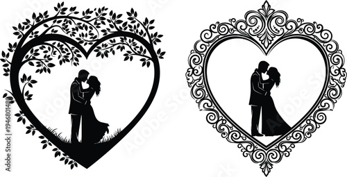 Romantic wedding silhouette bundle featuring a loving couple in ornate heart frames with floral tree and vintage filigree borders
