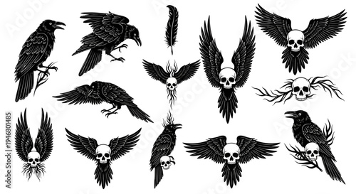 Gothic Raven Skull Illustrations: Dark Fantasy Art Collection, Tattoo Design Elements