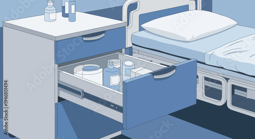 Minimalist Illustration Of A Hospital Bed And Bedside Cabinet In Blue Tones