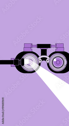 Minimalist Illustration of a Phoropter Instrument with Projecting Light, Purple Background