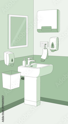 Minimalist Illustration of a Public Bathroom with Sink, Mirror, and Dispensers for Hygienic