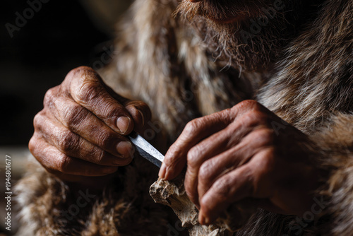 Intricate hands carving stone tools with a sharp edge, representing ancient craftsmanship and the skill involved in creating useful instruments for survival in primitive times.