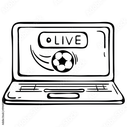 Laptop Live Stream Icon for Soccer Fans. Notebook Screen with Ball for Watching Football Online. Hand Drawn Doodle Vector.