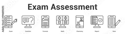 Exam Assessment web banner icon set vector illustration concept for business with icon of Exam, Question, Formula, Math, Chemist.
