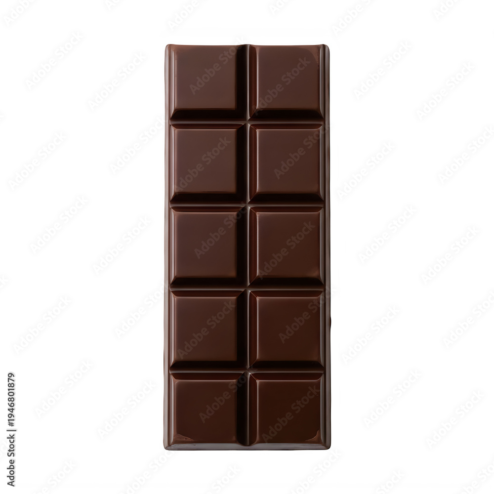 Fototapeta premium A single, smooth, dark chocolate bar with ten segments, presented against a deep black background, isolated for a clean, high-quality product shot.