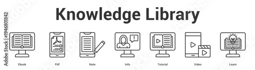 Knowledge Library web banner icon set vector illustration concept for business with icon of Ebook, Pdf, Note, Info, Tutori.
