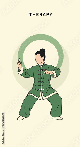 Minimalist Illustration of Tai Chi Practitioner in Serene Green Attire, Tranquil Wellness Concept