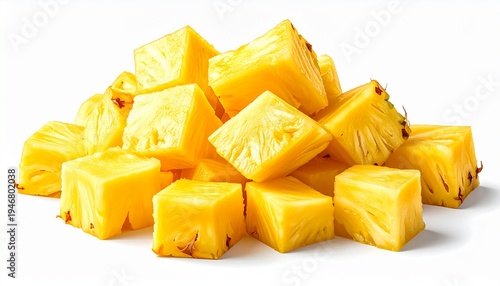 Pile of Fresh Pineapple Chunks on White Background.