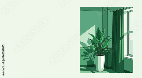 Minimalist Interior With Plant, Window, and Curtain In A Verdant Monochromatic Style