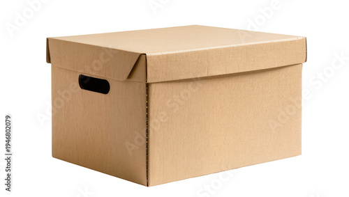Isolated empty corrugated cardboard archive storage box with a removable lid and handle cutout