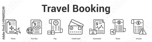 Travel Booking web banner icon set vector illustration concept for business with icon of Plane, Tour Bus, Pay, Credit Card, Downlo.