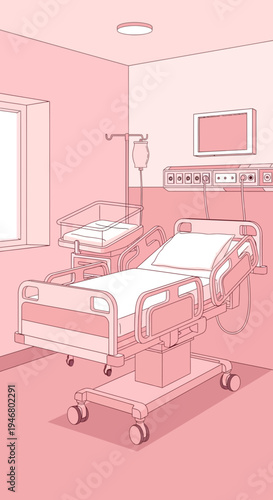 Minimalist Pink Hospital Room Depicting Birth And Postnatal Care With Equipment
