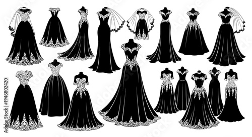 Elegant Black Evening Gowns Collection: Fashion Illustration, Bridal, Formal Wear