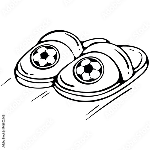 Home Slippers Icon with Football Ball. Footwear for Sport Fans Watching Soccer Championship at Home. Hand Drawn Doodle Vector.