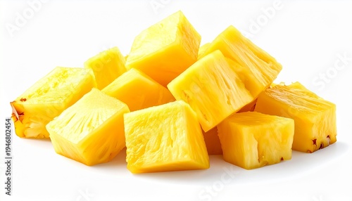 Pile of Freshly Cut Pineapple Chunks on White Background.