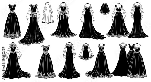 Elegant Black Evening Gowns Collection: Vintage Style Dresses, Fashion Illustration