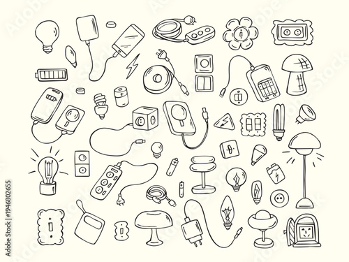 Hand drawn electricity and lighting doodle set with bulbs, plugs, cables and batteries