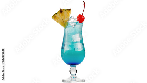 Photos Isolated blue tropical cocktail with pineapple slice and maraschino cherry, refr