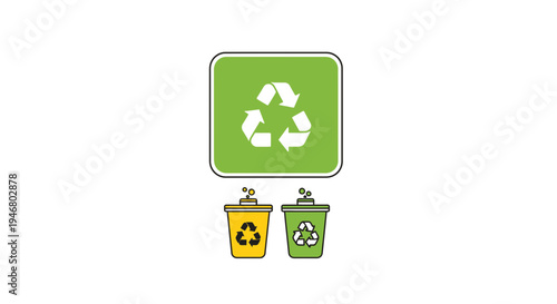 Minimalistic Illustration Of Recycling Symbol And Colored Trash Bins For Waste Management