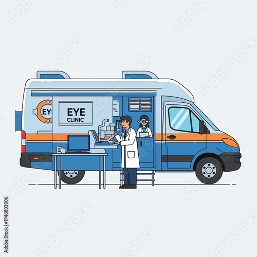 Mobile Eye Clinic Illustration Featuring Healthcare Professionals and Modern Diagnostic Equipment