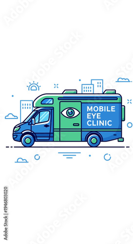 Mobile Eye Clinic Illustration Depicting Healthcare Accessibility and Vision Checkup Services