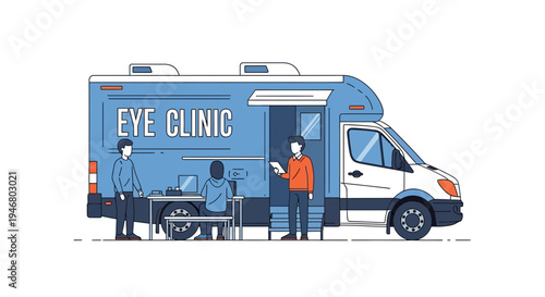 Mobile Eye Clinic Illustration Featuring Healthcare Professionals and Patients Services