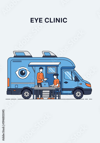 Mobile Eye Clinic Illustration Featuring Healthcare Professionals Offering Visual Assistance