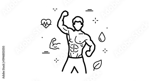 Man with muscular physique and health symbols illustration.