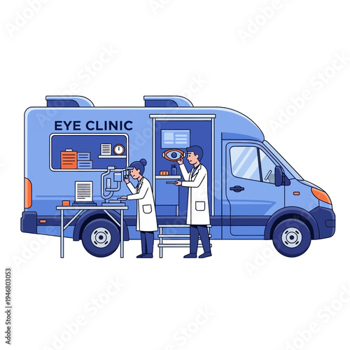 Mobile Eye Clinic Illustration: Ophthalmologists Providing Vision Care and Medical Services