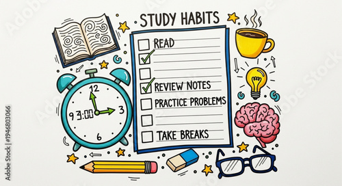 Study Habits Checklist Brain Alarm Clock Glasses Pencil And Coffee.