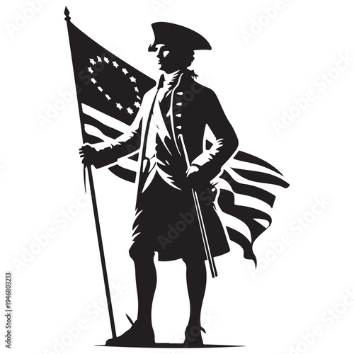 American Revolutionary War Patriot Soldier Holding Historic United States Flag Illustration