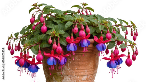 Canvas Print Isolated vibrant fuchsia plant with pink and blue flowers in a rustic terracotta