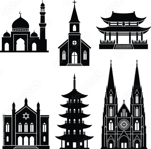 Six black and white religious building silhouettes including mosque, church, synagogue, pagoda