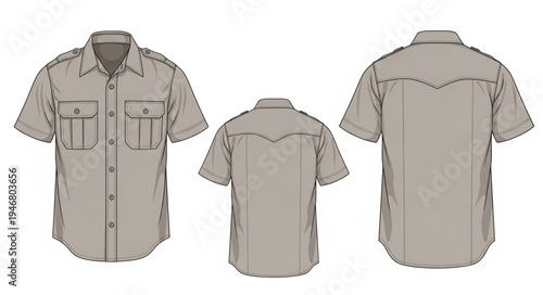 Three Views of a Short-Sleeved Button-Down Shirt.