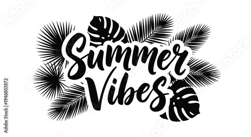 Summer Vibes typography with palm leaves vector