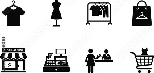 Professional Shopping and Retail Store Icon Set Featuring Clothing Shop Displays Cash Registers Shopping Carts and Apparel Sales Silhouettes