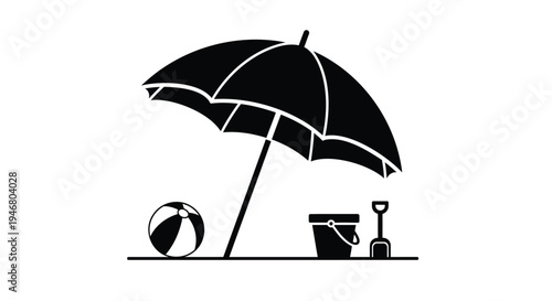 Vector beach umbrella icon with beach ball, bucket, and shovel