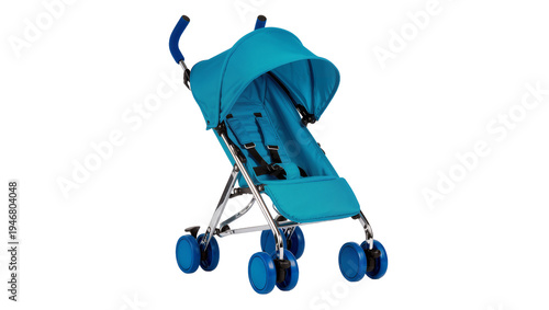 Фотография Isolated bright blue lightweight baby stroller with sun canopy, child's outdoor gear
