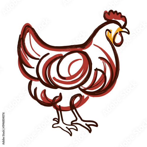 A whimsical depiction of a chicken, embracing playful lines and colors that bring this farmyard friend to life.