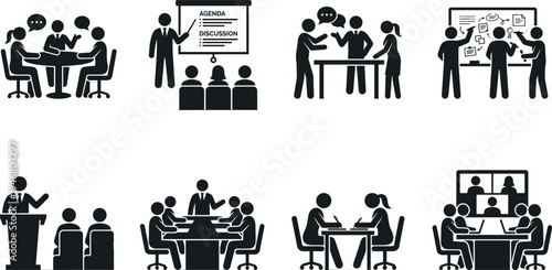 Professional Business Meeting and Corporate Communication Icon Set Featuring Agenda Presentations Boardroom Discussions Team Brainstorming and Video Conferences Silhouettes