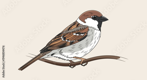 Brown Sparrow Bird Perched on Branch.