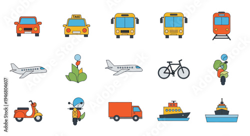 Collection of Various Transportation Icons and Symbols.
