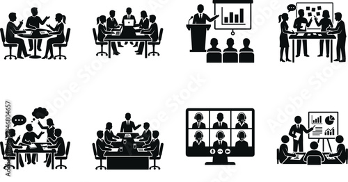 Professional Business Meeting and Corporate Training Icon Set Featuring Team Collaboration Boardroom Discussions Online Video Conferences and Presentation Silhouettes